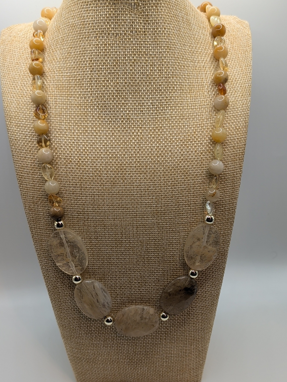 Elegant Yellow-Beige Quartz Cabochon and Cetrine Bead Women’s Necklace